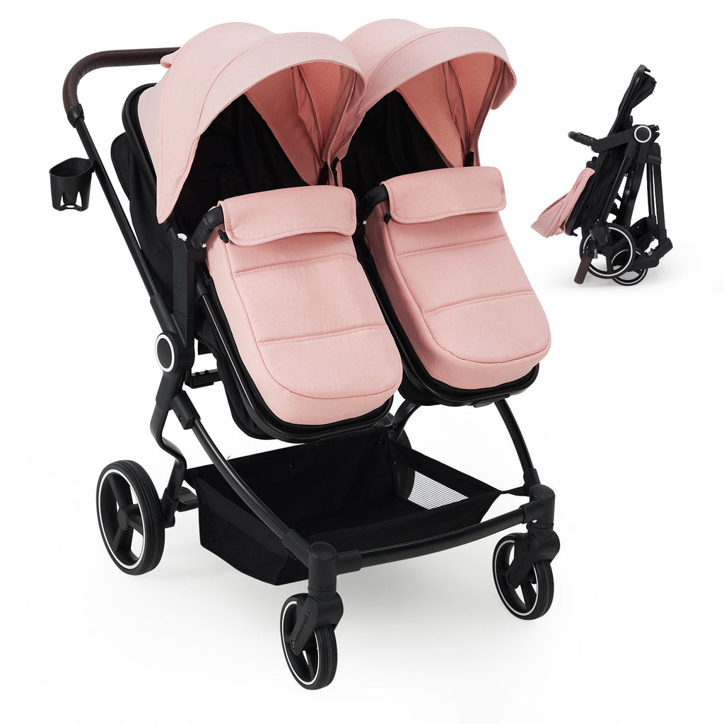 Foldable Double Baby Stroller with Adjustable Canopy Pink