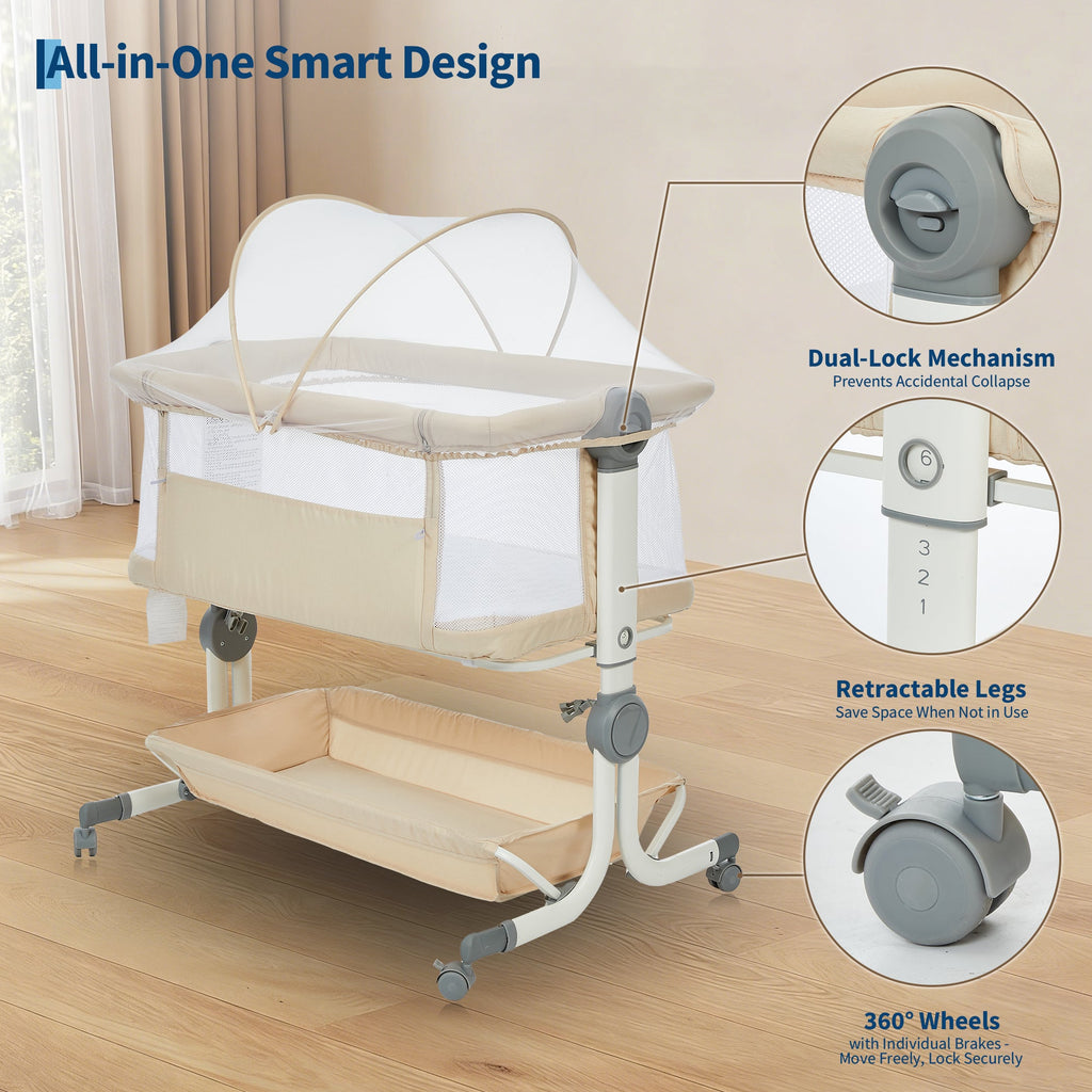 3-in-1 Portable Baby Bassinet Bedside Sleeper Khaki with Mosquito Net