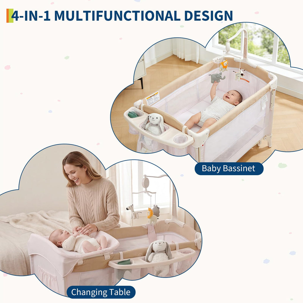 4 in 1 Baby Playard Portable Bedside Crib with Rocking Bassinet GainNo