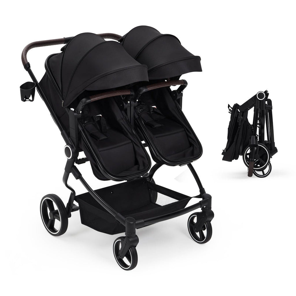 Foldable Double Baby Stroller with Adjustable Recline Canopy Black