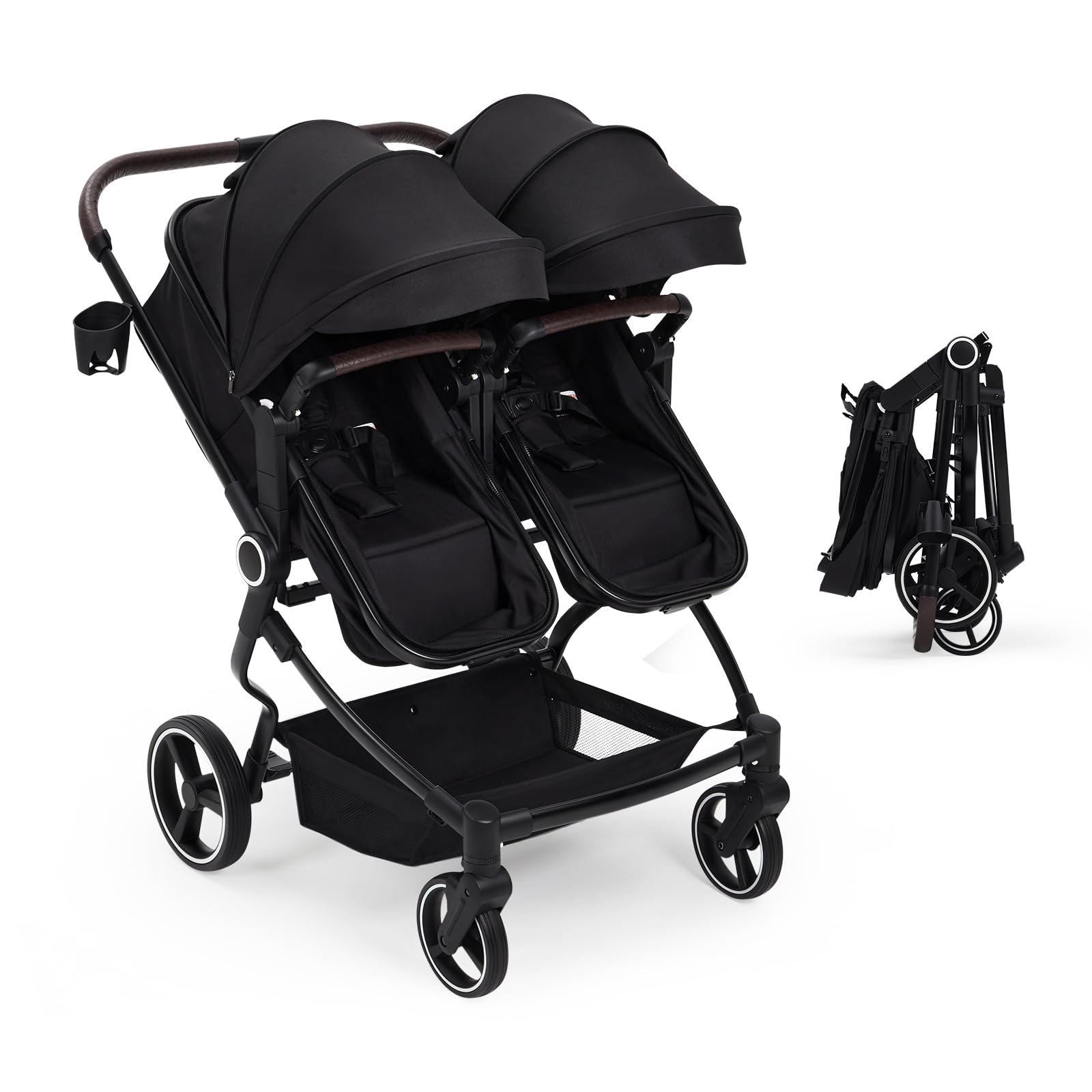 Foldable Double Baby Stroller with Adjustable Recline Canopy Black