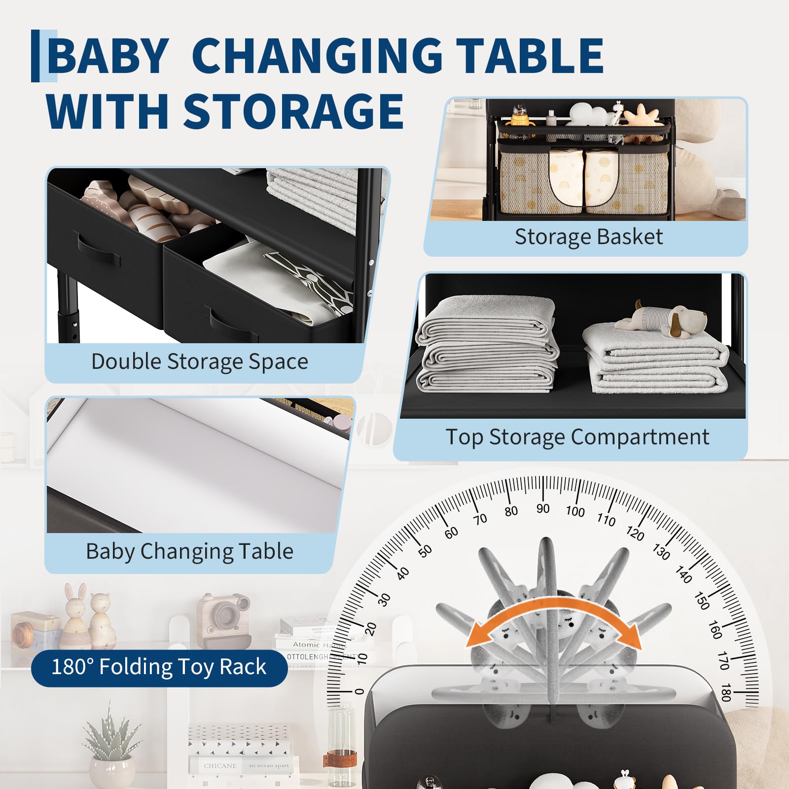 Portable Foldable Baby Changing Table with Storage Baskets Black
