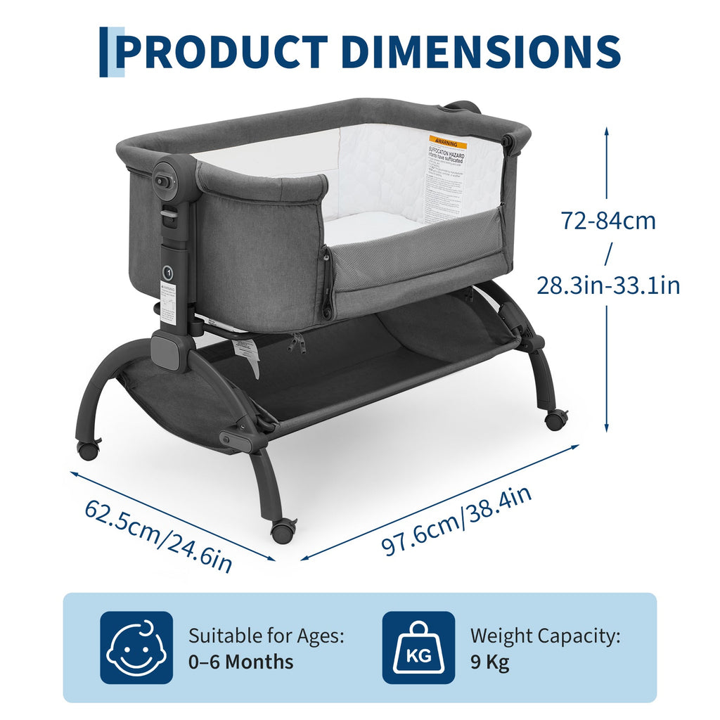 3-in-1 Adjustable Bedside Baby Bassinet Dark Grey with Mesh and Wheels