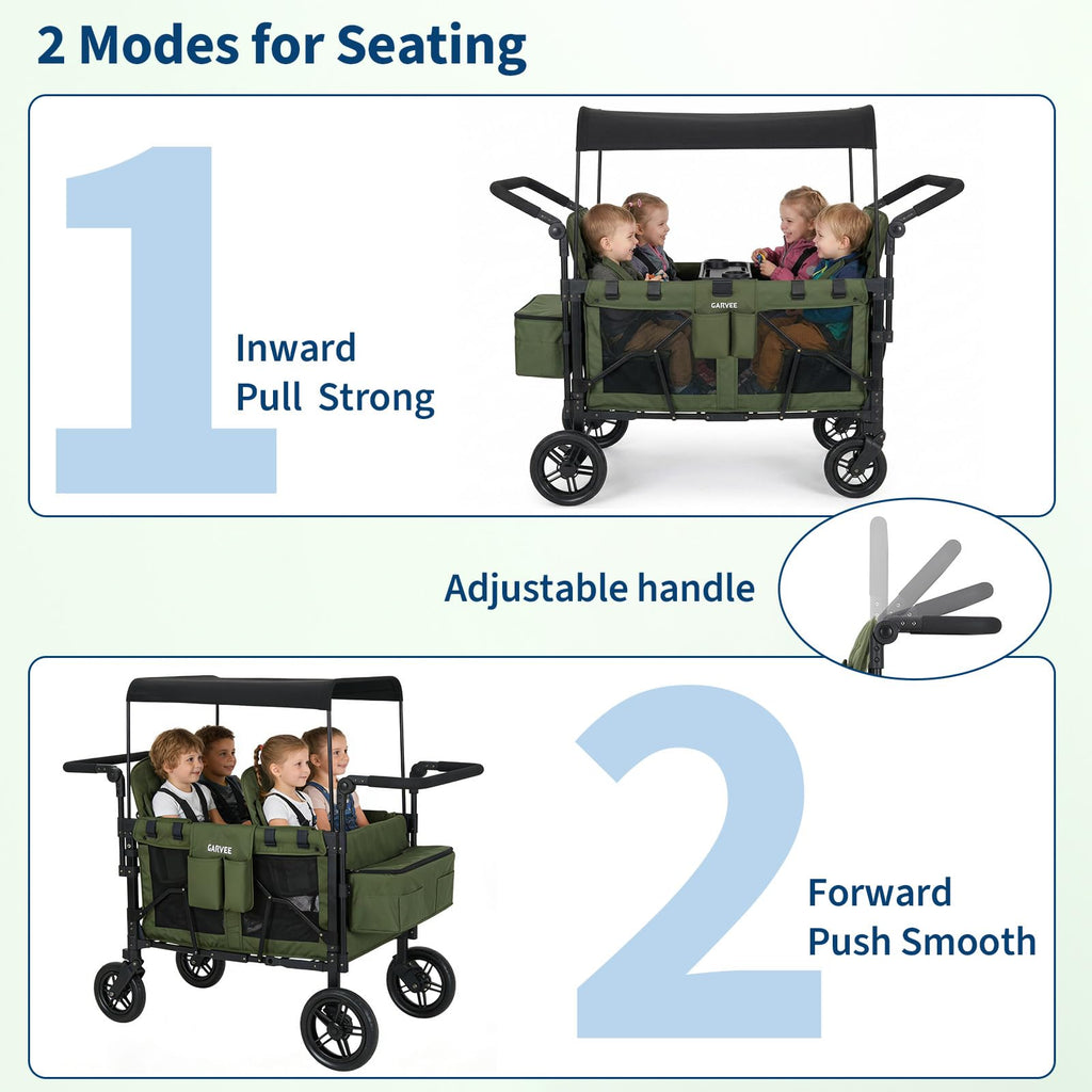 4 Seater Stroller Wagon All-Terrain Green with Safety Harness and Canopy