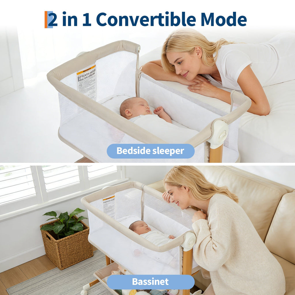 3-in-1 Portable Baby Bassinet Bedside Sleeper Khaki