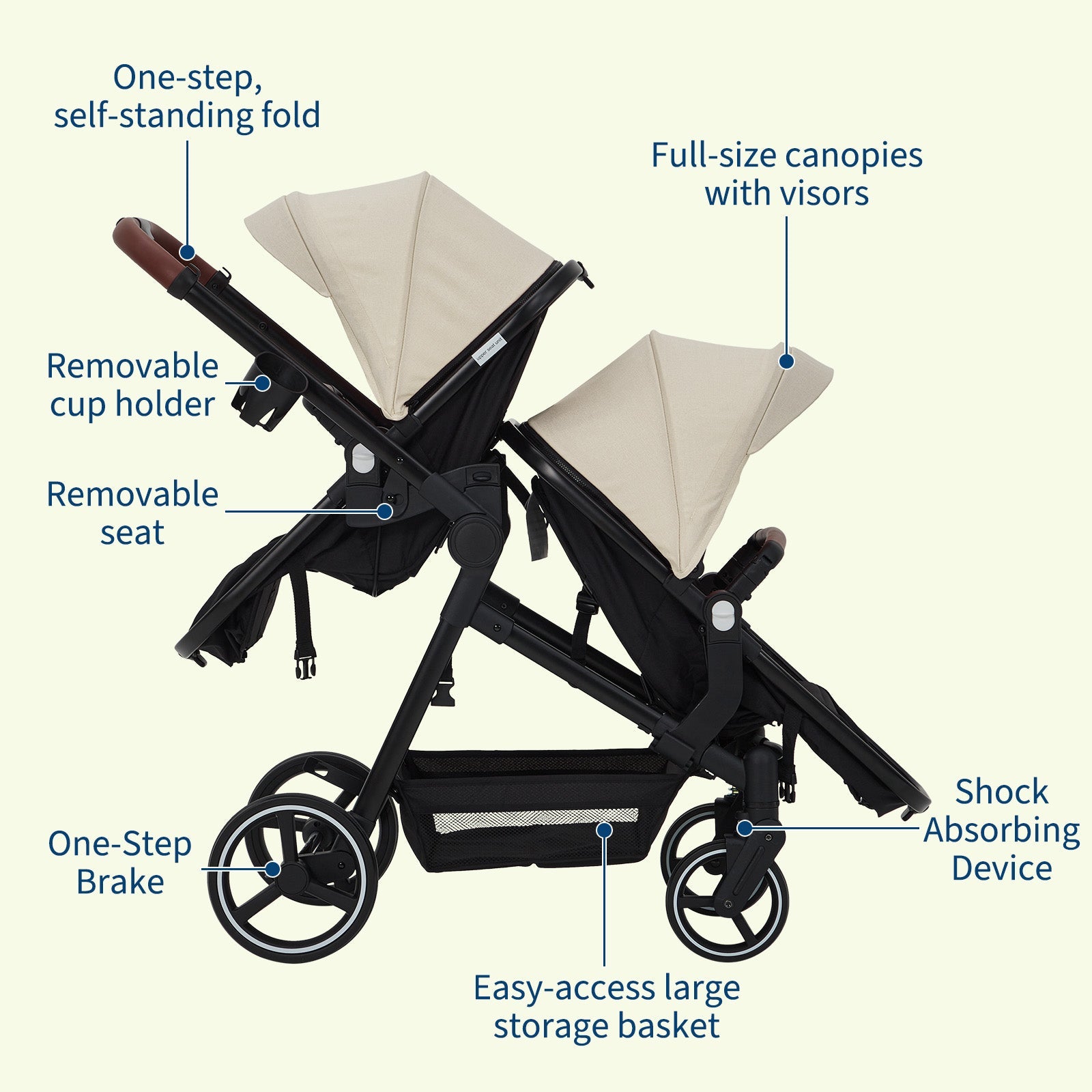 Foldable Double Baby Stroller Multi-Position Reversible Beige