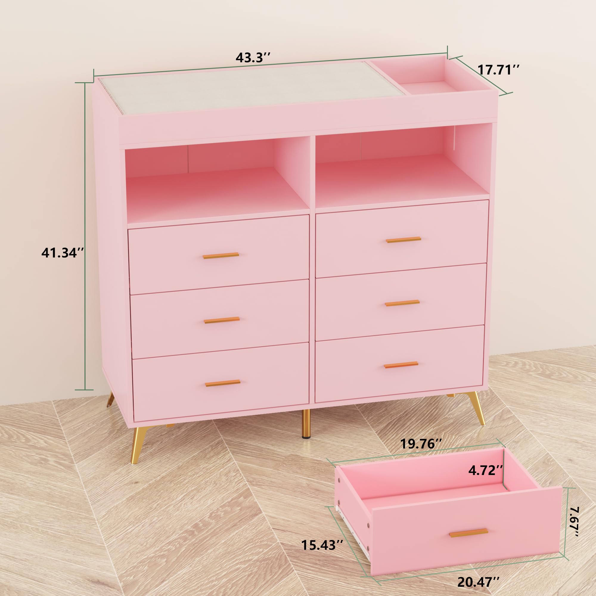 6-Drawer Baby Dresser with LED Lights and Changing Table Top Pink