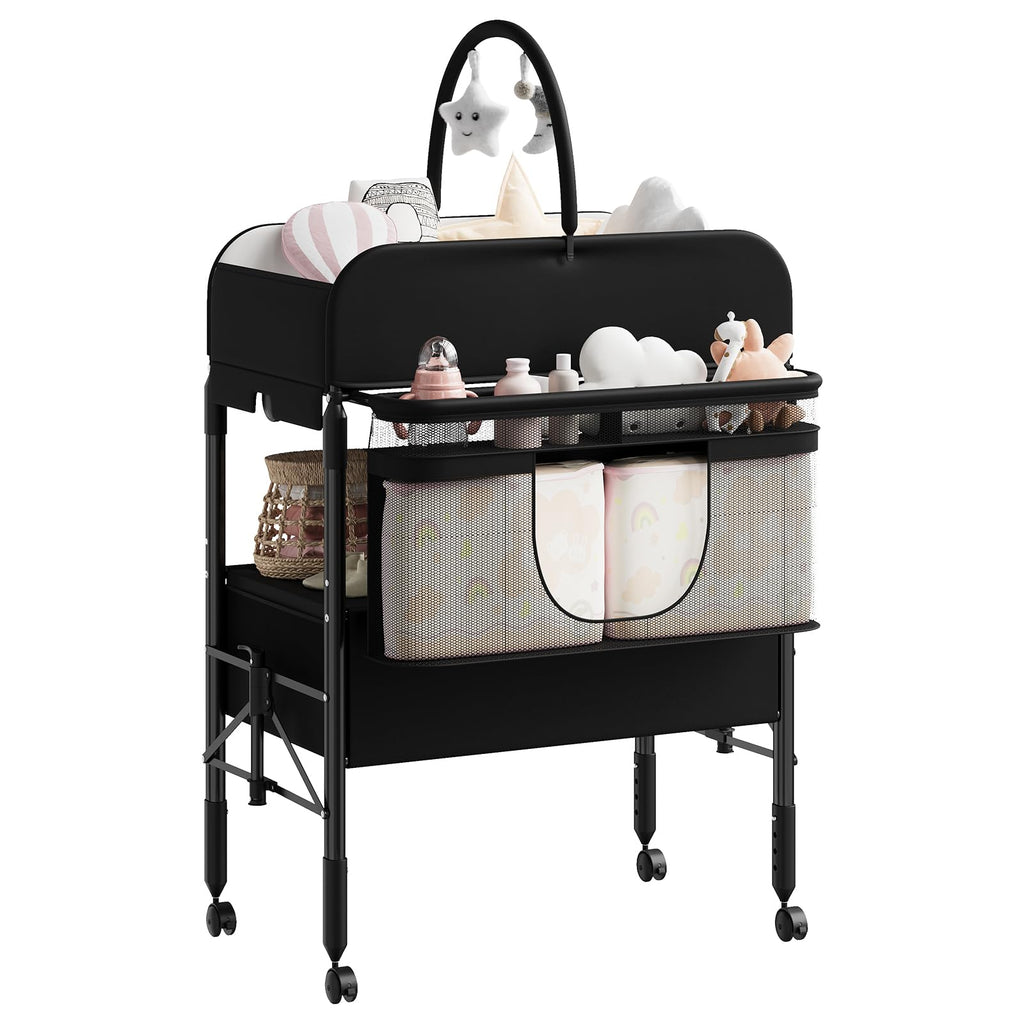 Portable Foldable Baby Changing Table with Storage Baskets Black