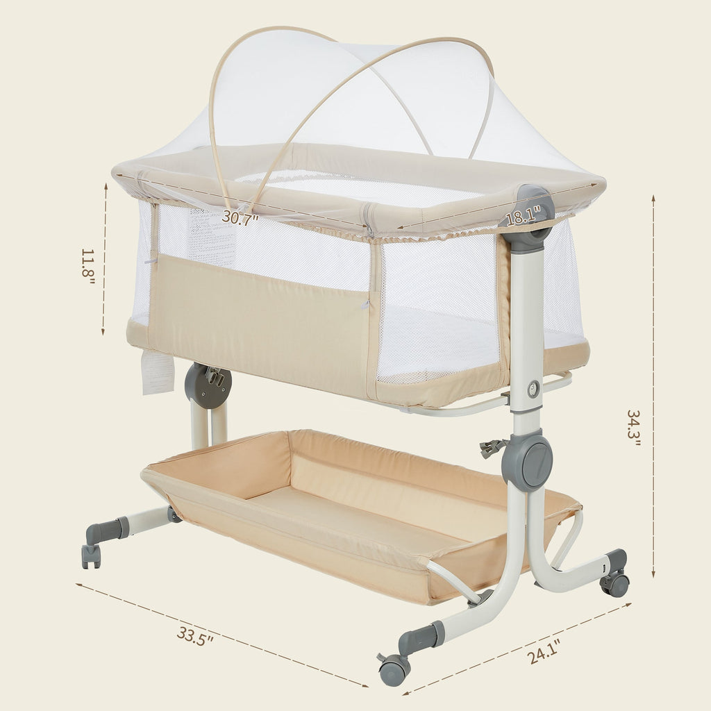 3-in-1 Portable Baby Bassinet Bedside Sleeper Khaki with Mosquito Net