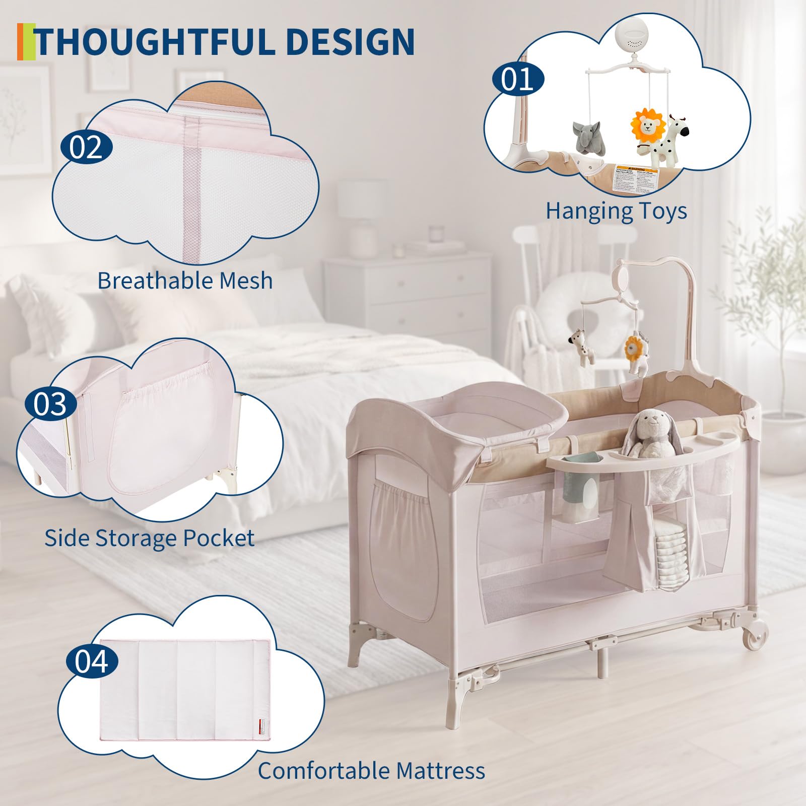 4 in 1 Baby Playard Portable Bedside Crib with Rocking Bassinet GainNo