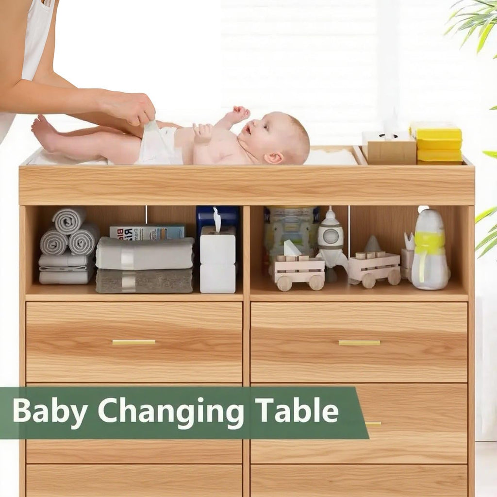 Modern Baby Changing Table Dresser with 6 Drawers and LED Lights GainNo