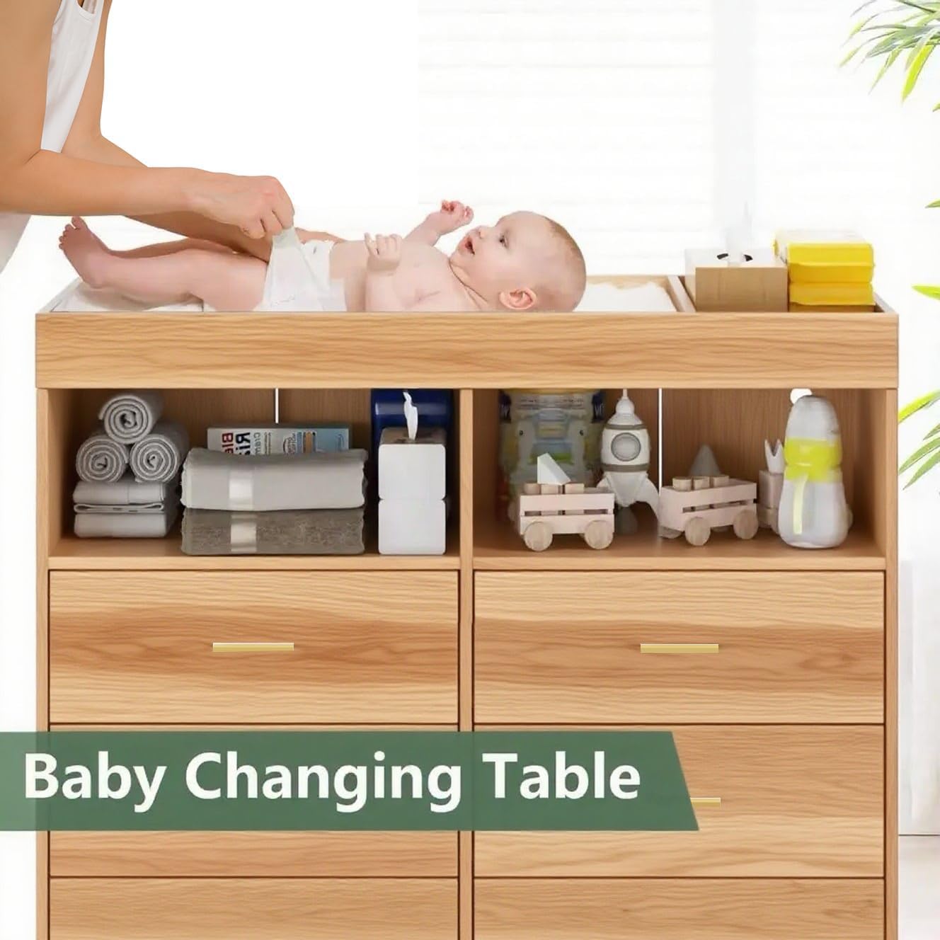 Modern Baby Changing Table Dresser with 6 Drawers and LED Lights GainNo