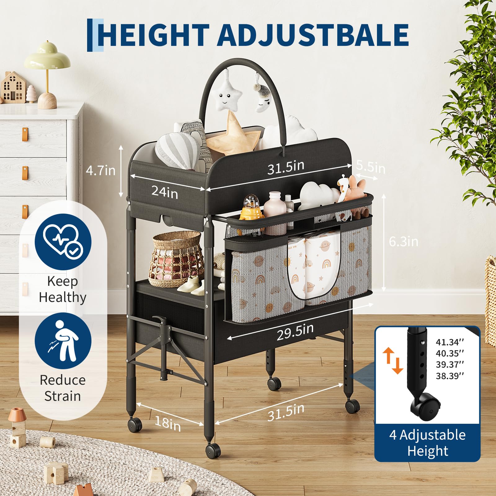 Portable Foldable Baby Changing Table with Storage Baskets Black