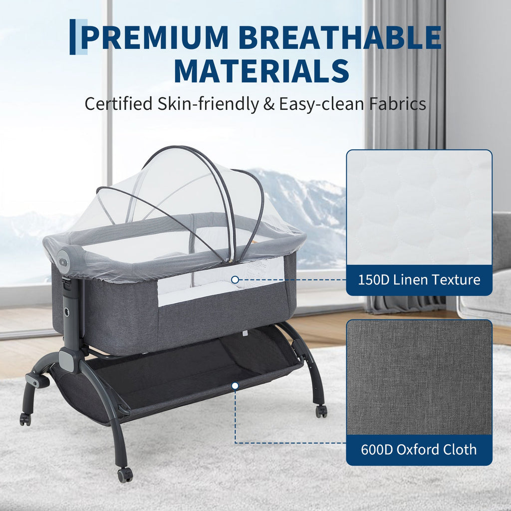 3-in-1 Adjustable Bedside Baby Bassinet Dark Grey with Mesh and Wheels