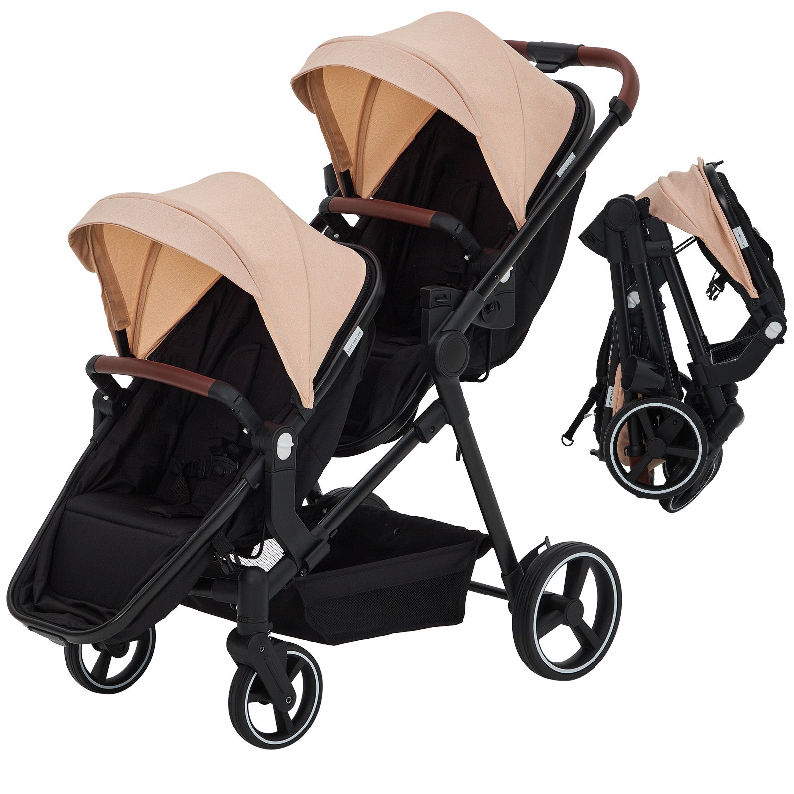 Foldable Double Baby Stroller Multi-Position Reversible Khaki