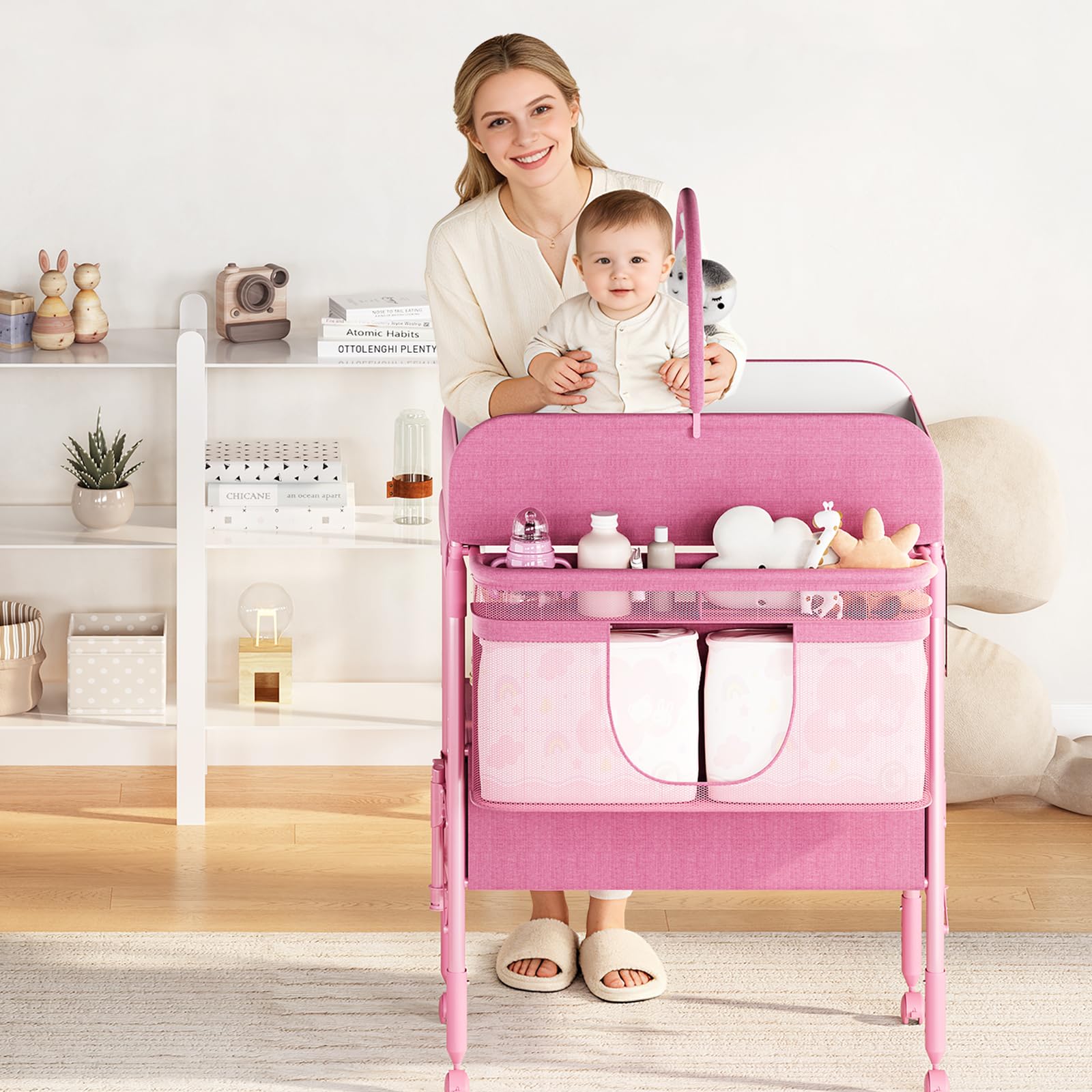 Portable Foldable Baby Changing Table with Storage Baskets Pink