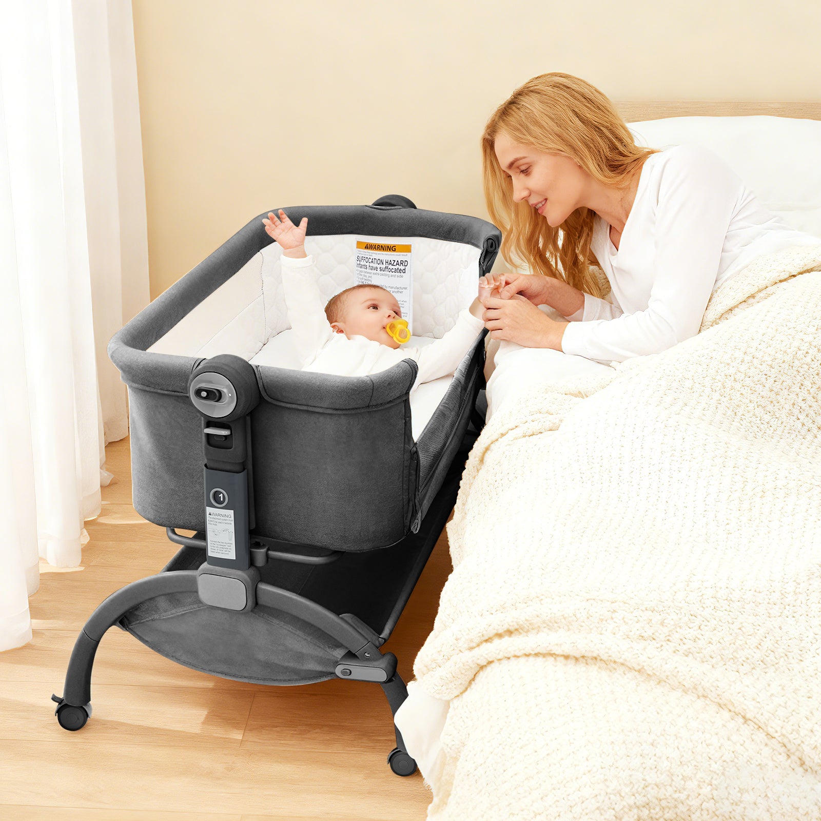 3-in-1 Adjustable Bedside Baby Bassinet Dark Grey with Mesh and Wheels