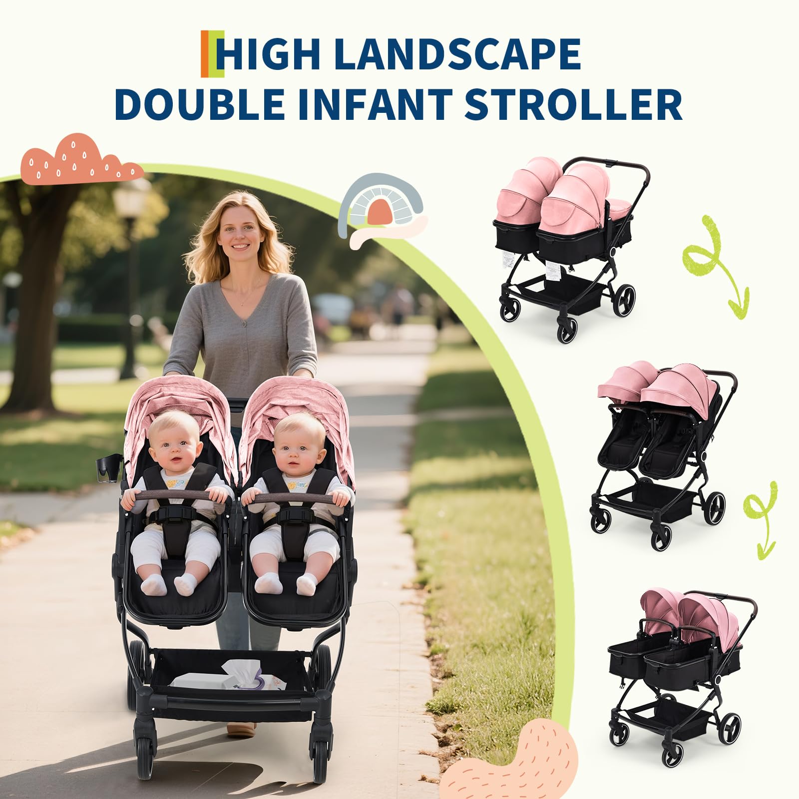 Foldable Double Baby Stroller with Adjustable Canopy Pink