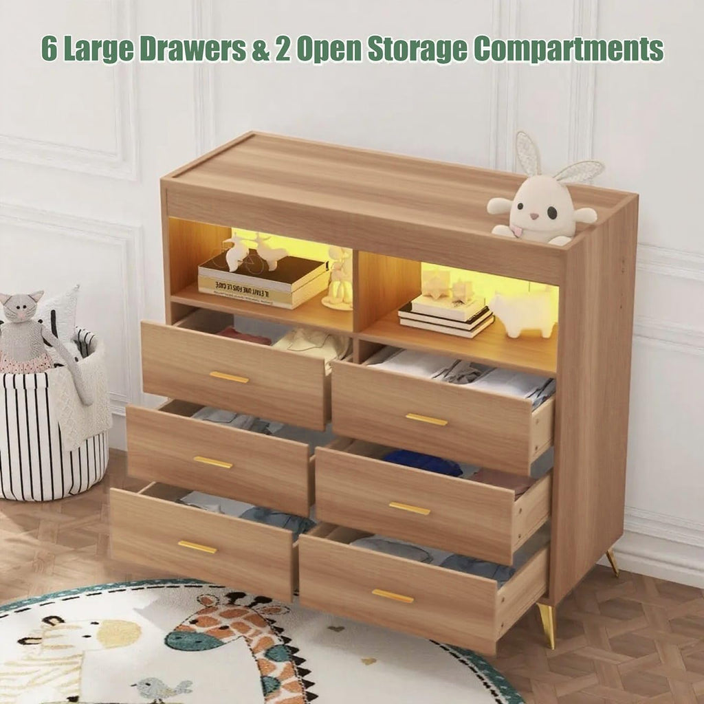Modern Baby Changing Table Dresser with 6 Drawers and LED Lights GainNo