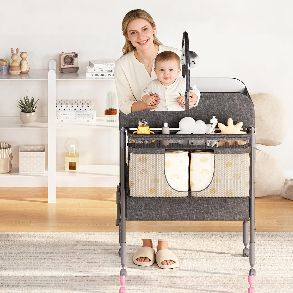 Portable Foldable Baby Changing Table with Storage Baskets Dark Grey