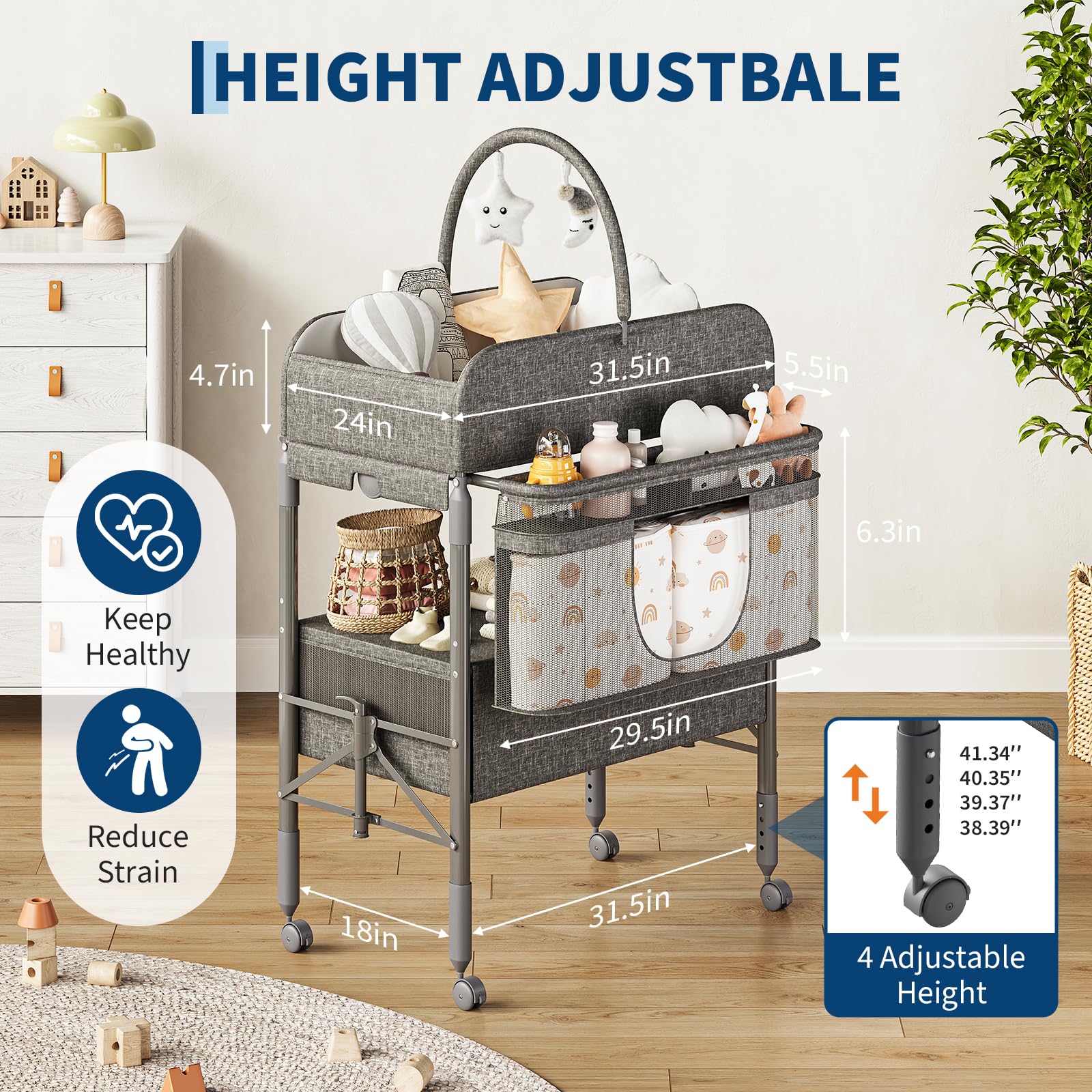 Portable Foldable Baby Changing Table with Storage Baskets Dark Grey
