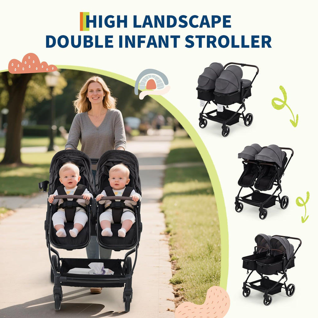Foldable Double Baby Stroller with Adjustable Canopy Dark Grey GainNo