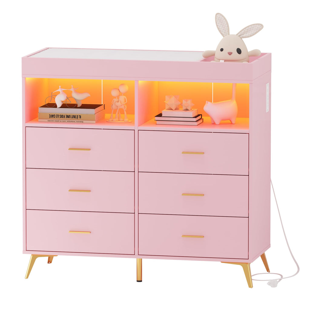 6-Drawer Baby Dresser with LED Lights and Changing Table Top Pink