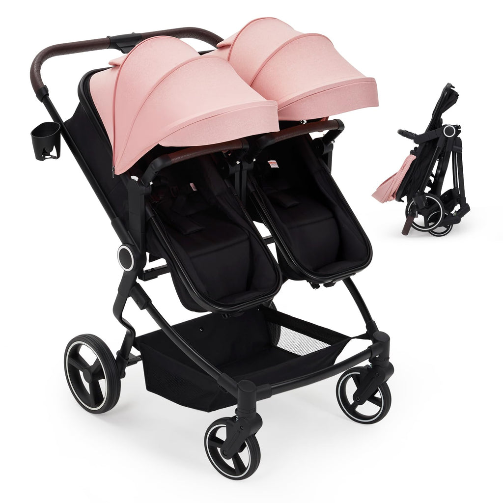Foldable Double Baby Stroller with Adjustable Canopy Pink