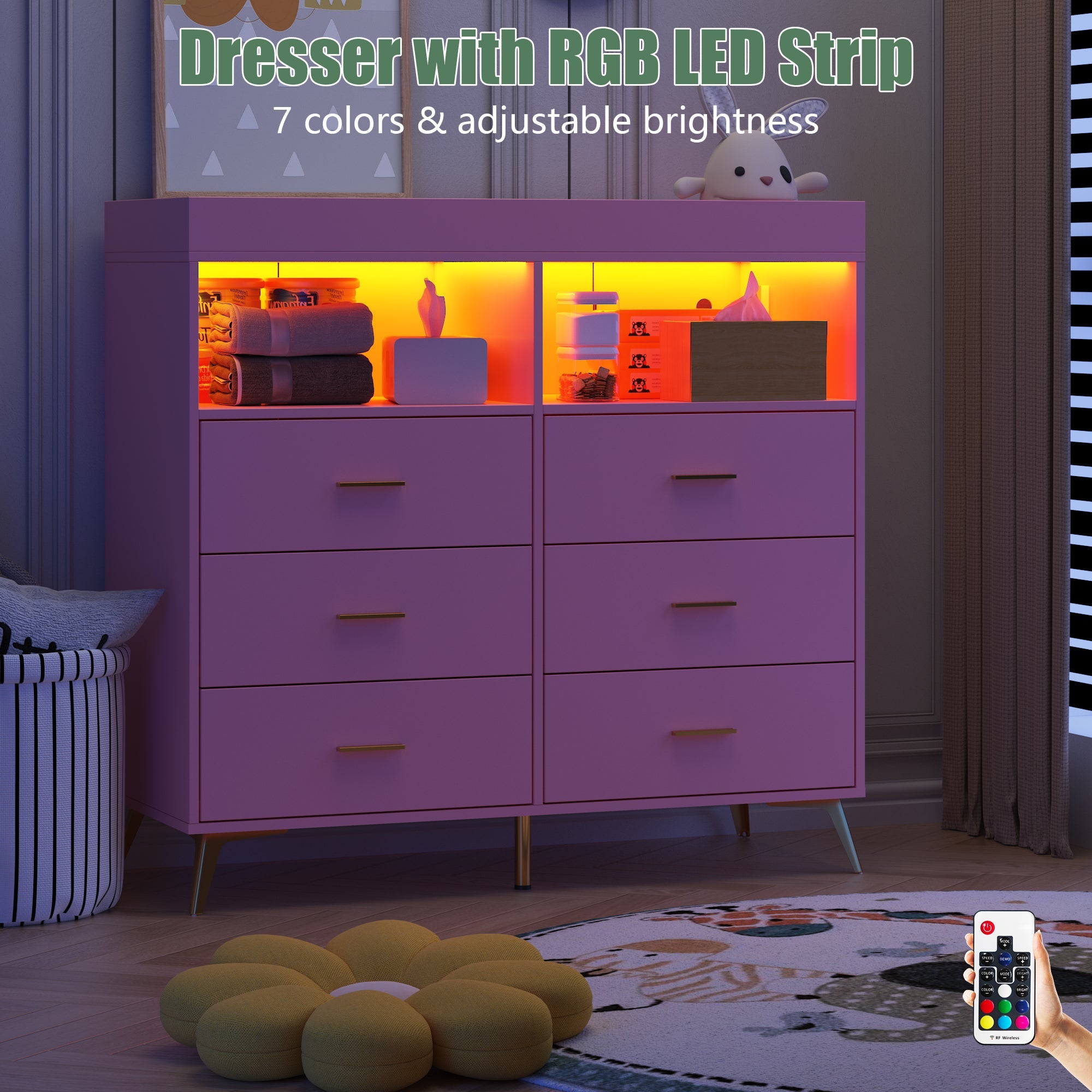 Modern Baby Changing Table Dresser with 6 Drawers Pink