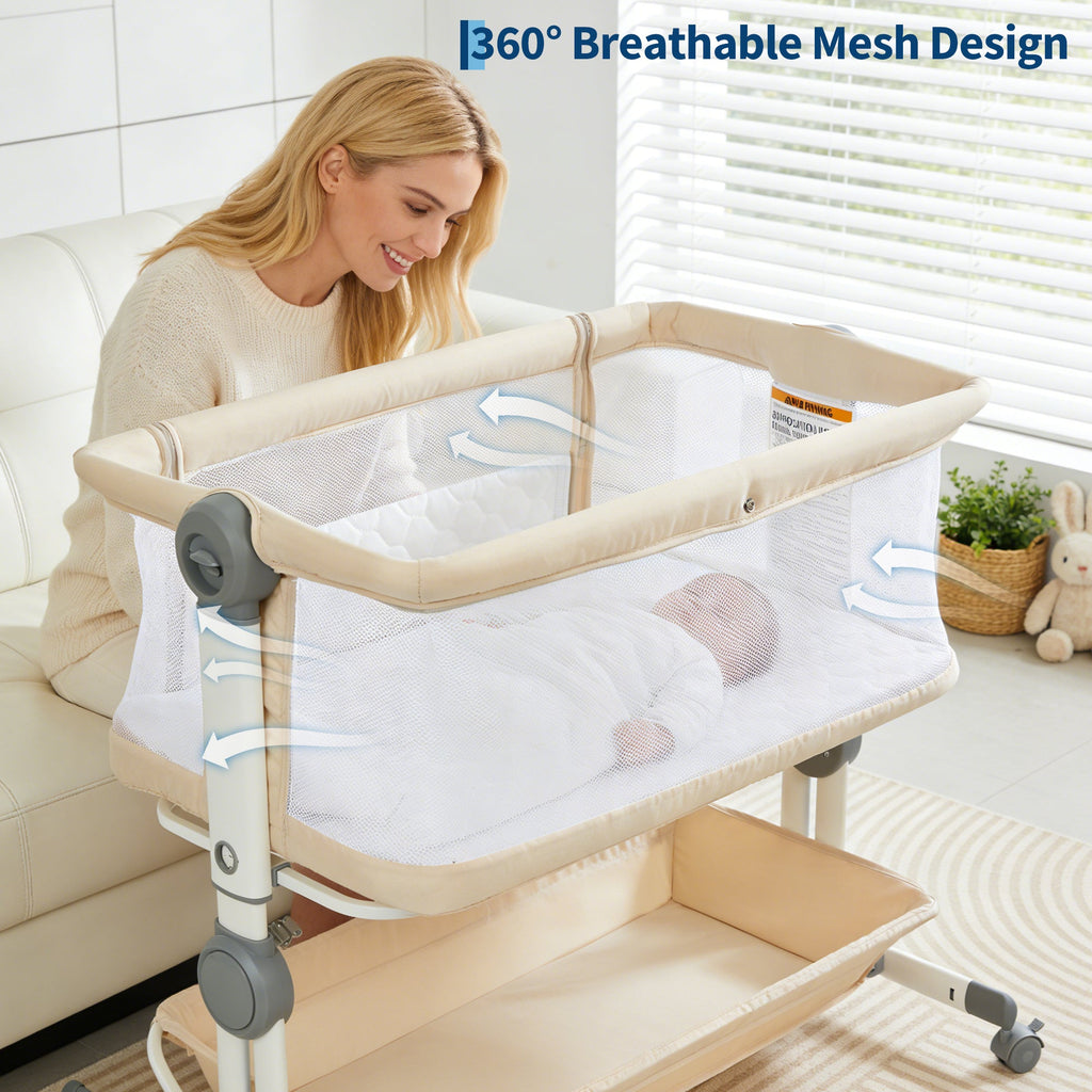 3-in-1 Portable Baby Bassinet Bedside Sleeper Khaki with Mosquito Net