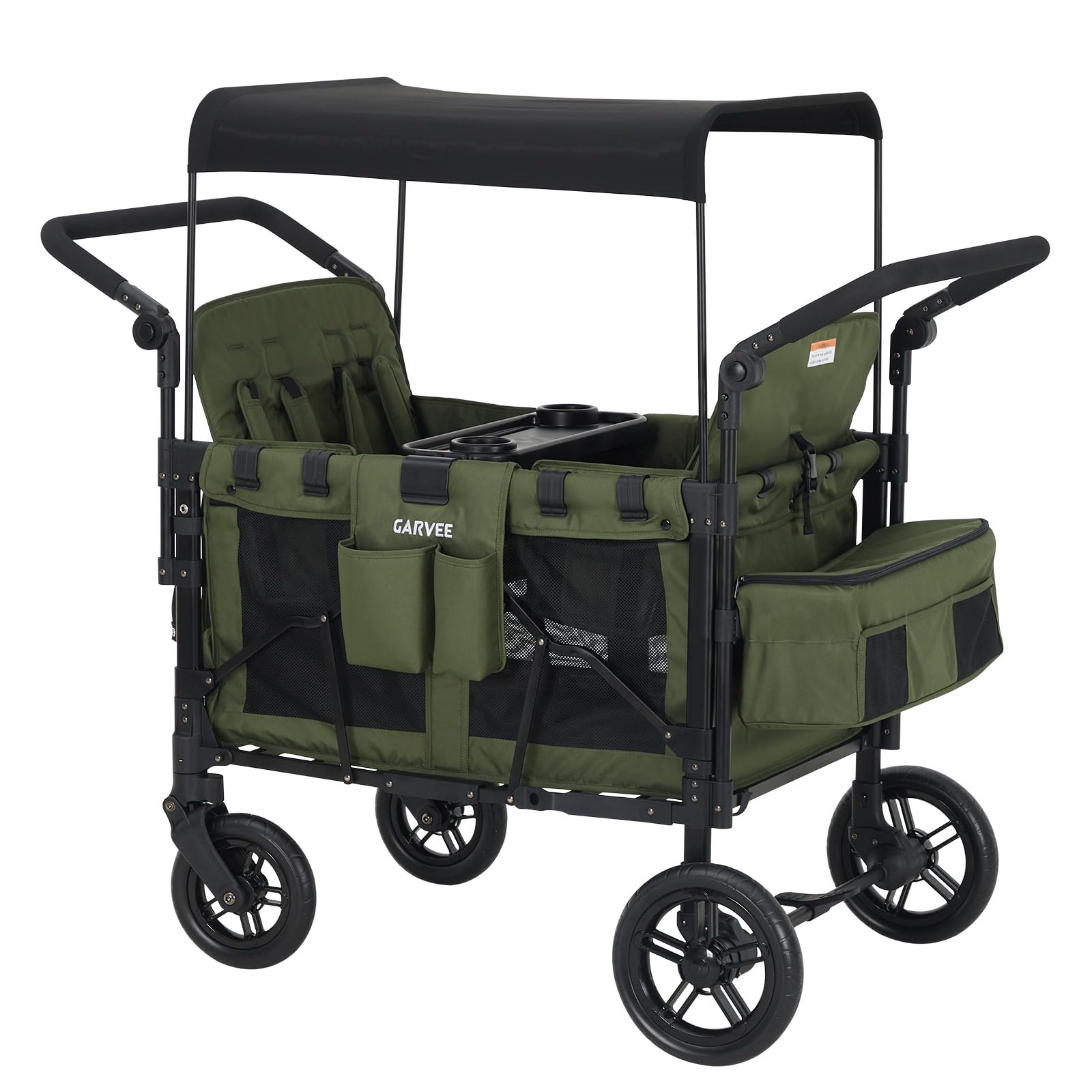 4 Seater Stroller Wagon All-Terrain Green with Safety Harness and Canopy