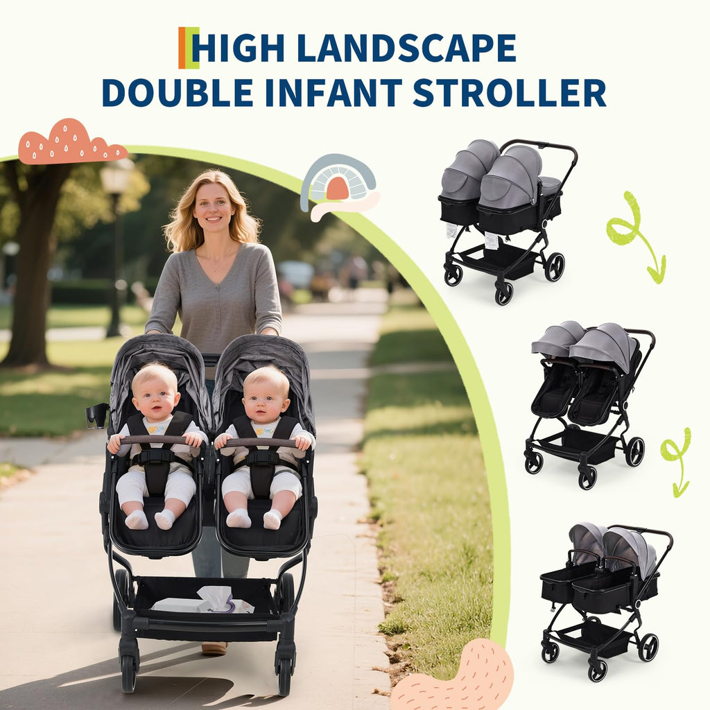 Foldable Double Baby Stroller Light Grey with Adjustable Canopy