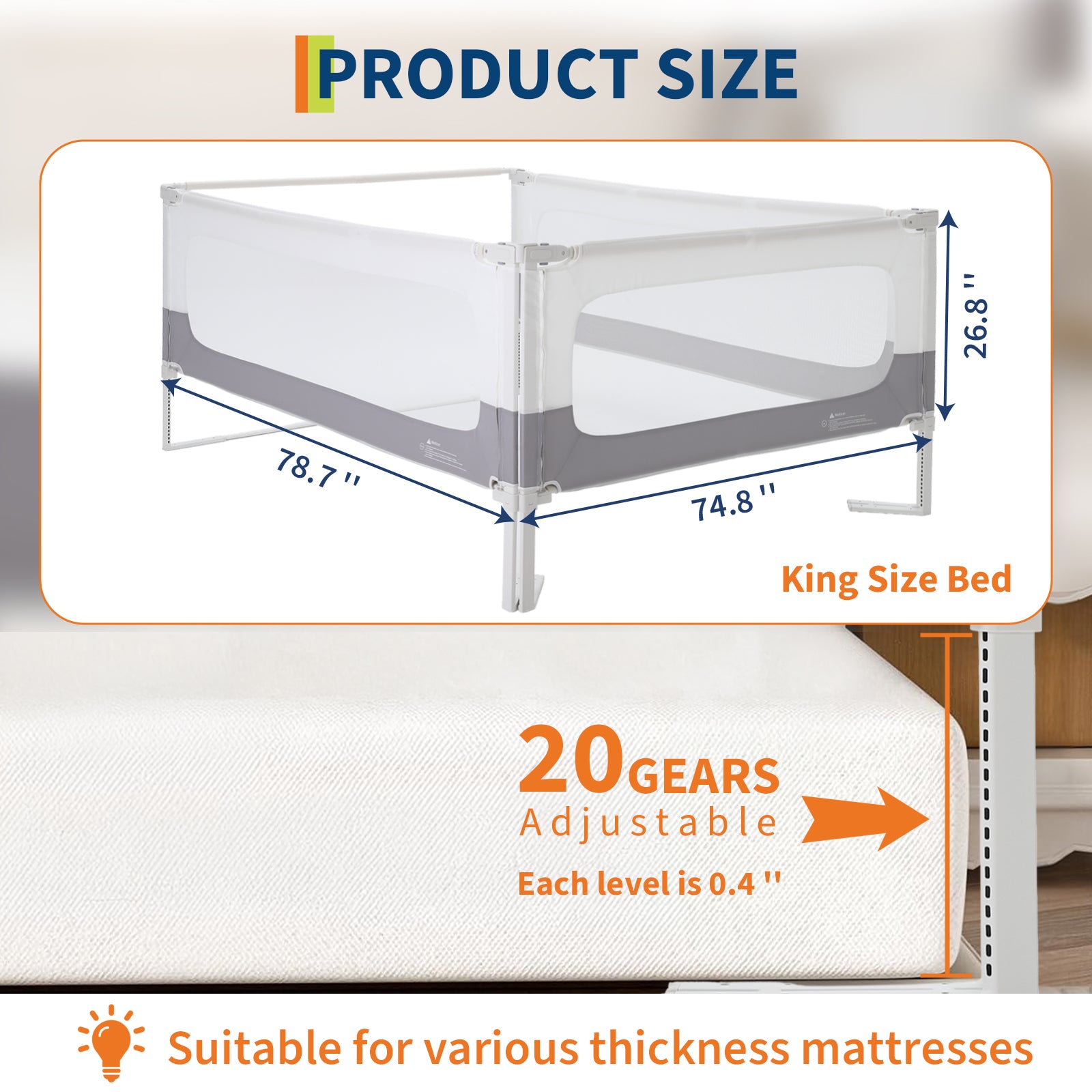 Adjustable Height Toddler Bed Rail Guard White/Grey Two 78.7 in + One 74.8 in GainNo