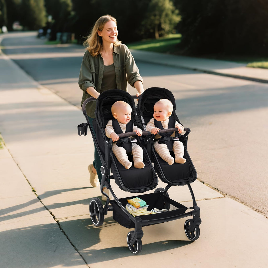 Foldable Double Baby Stroller with Adjustable Recline Canopy Black