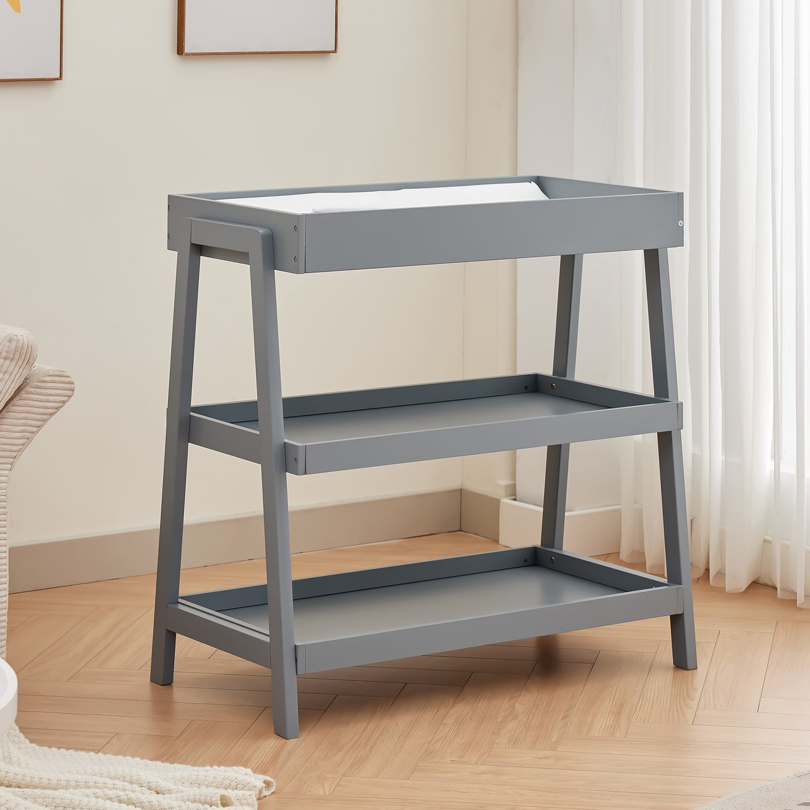 Wooden Baby Changing Table with Waterproof Pad Grey