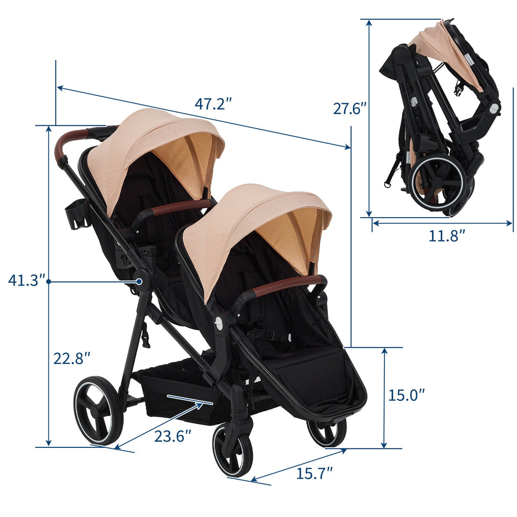 Foldable Double Baby Stroller Multi-Position Reversible Khaki