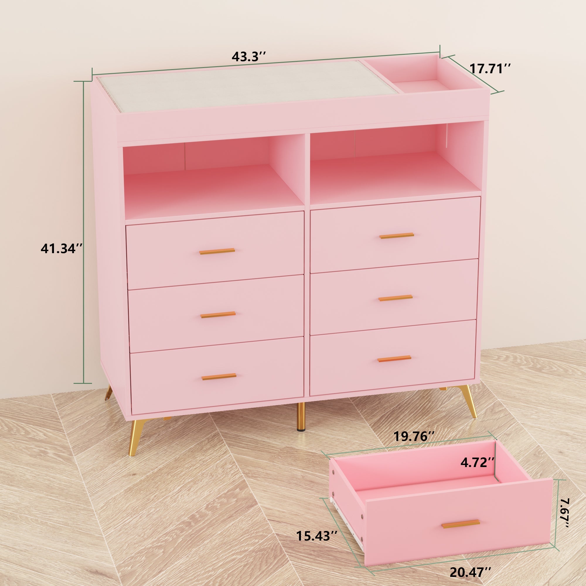 Modern Baby Changing Table Dresser with 6 Drawers Pink
