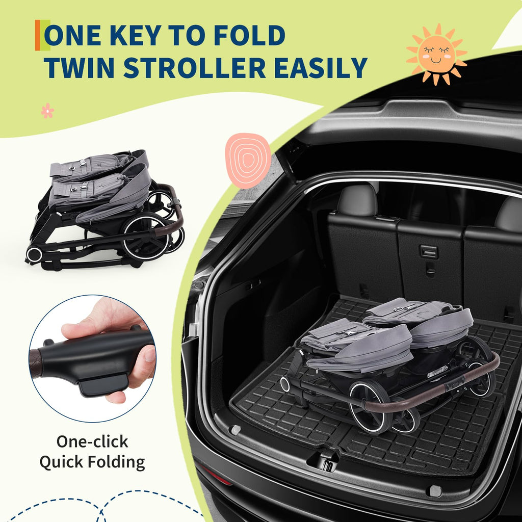 Foldable Double Baby Stroller Light Grey with Adjustable Canopy