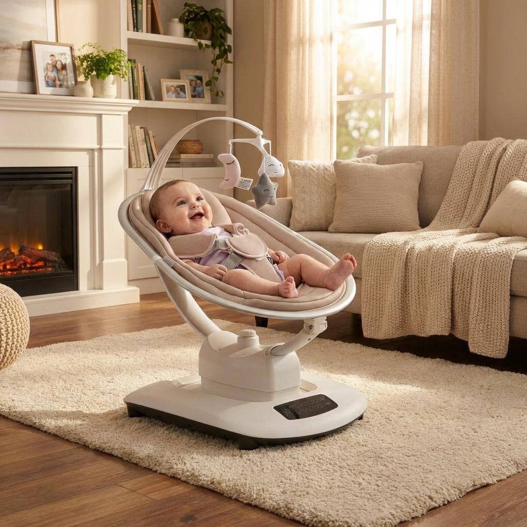 Electric Baby Swing with 5 Soothing Motions and Remote Control Khaki