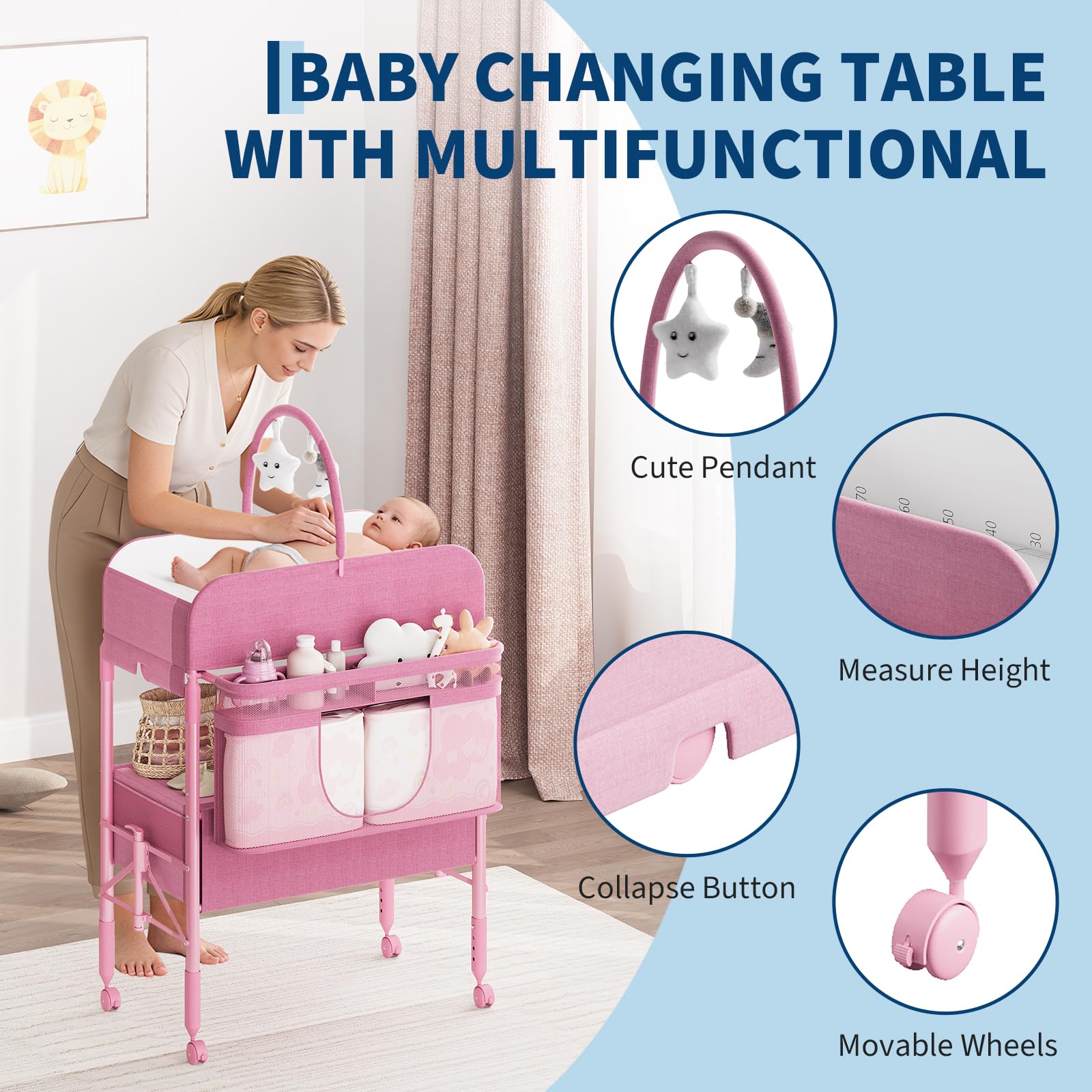Portable Foldable Baby Changing Table with Storage Baskets Pink