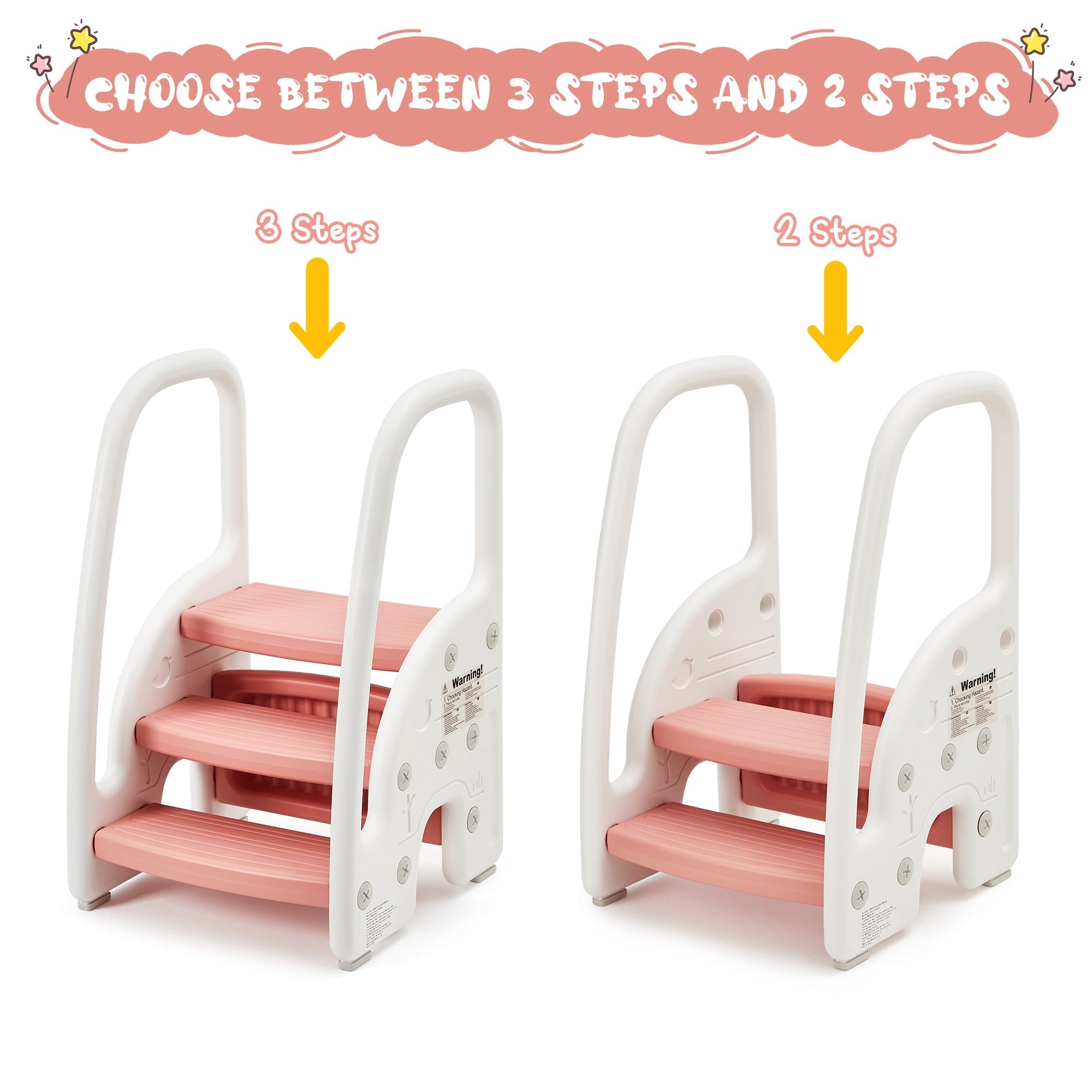 3-Step Toddler Step Stool with Safety Handles Pink