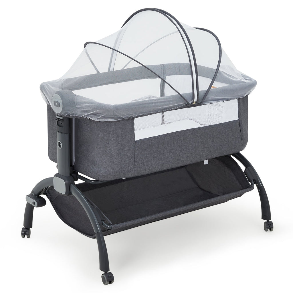 3-in-1 Adjustable Bedside Baby Bassinet Dark Grey with Mesh and Wheels