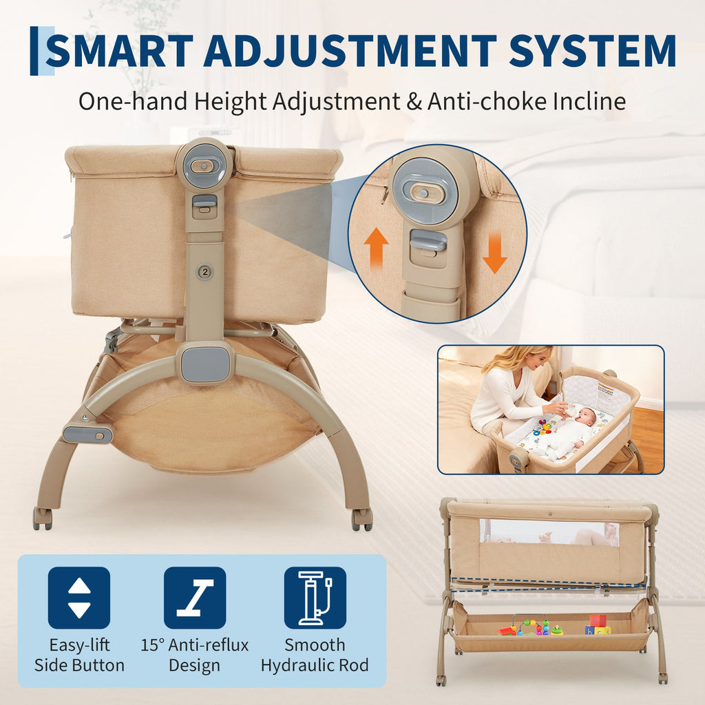 3-in-1 Adjustable Bedside Baby Bassinet with Mesh and Wheels Khaki