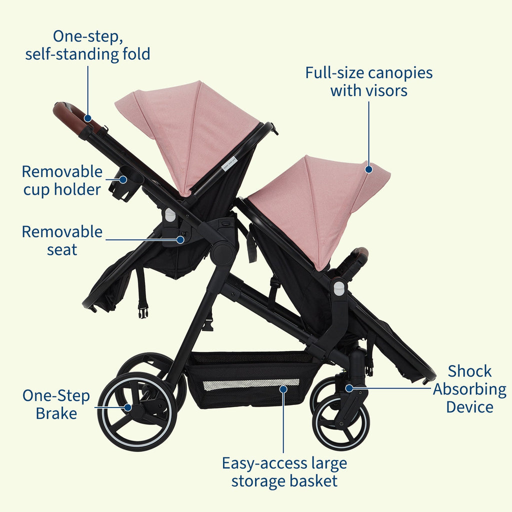 Foldable Double Baby Stroller Multi-Position Reversible Pink