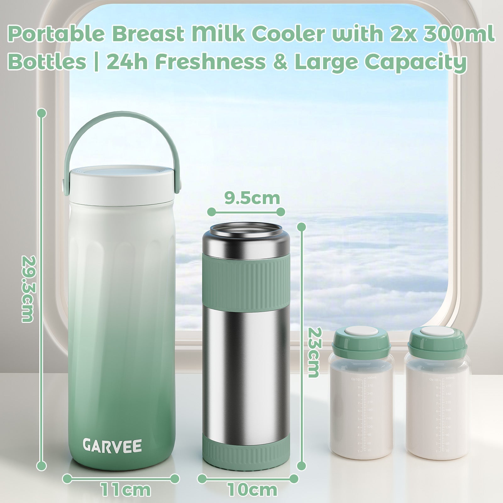 360° Cooling Breast Milk Cooler 22oz with 2 Baby Bottles Green GainNo