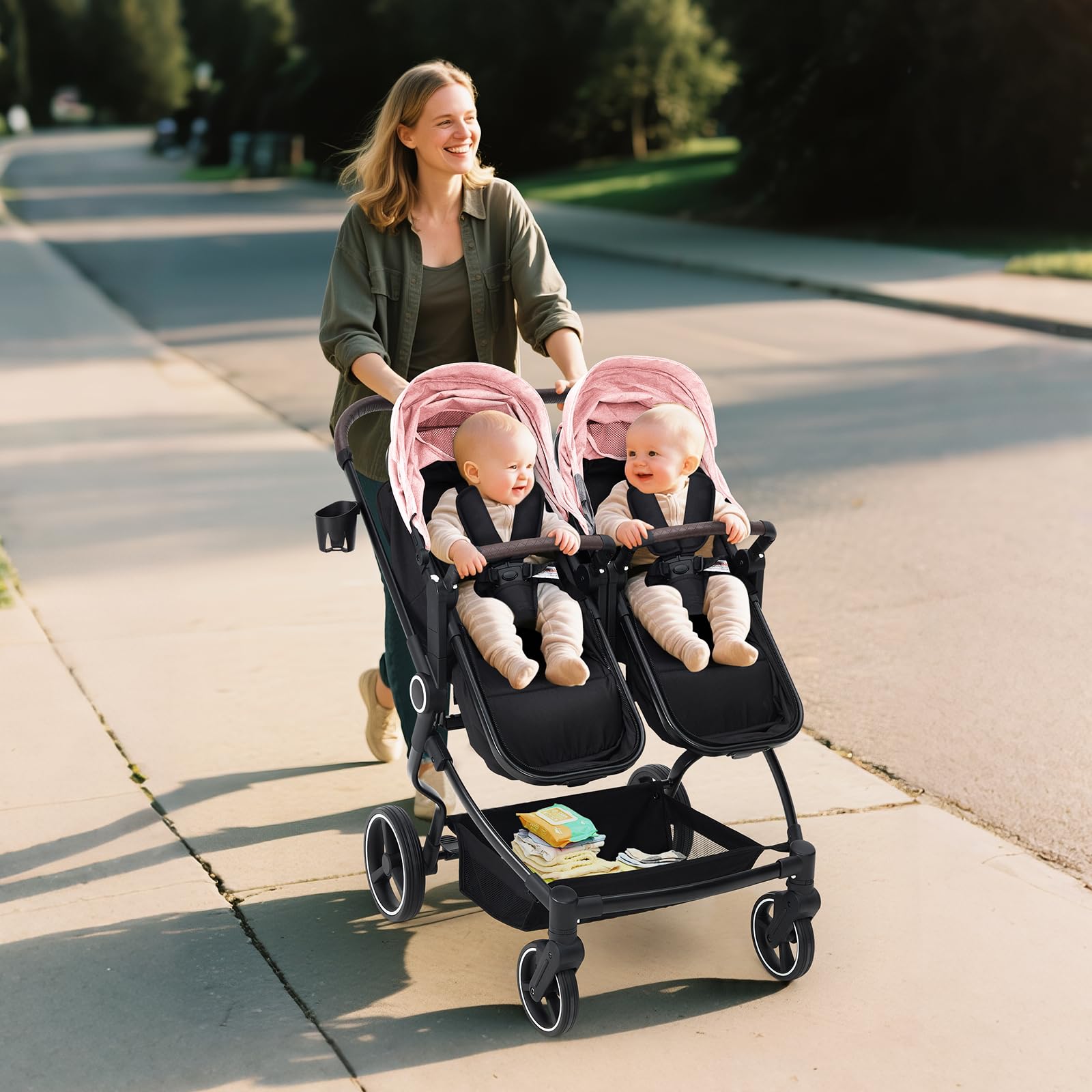 Foldable Double Baby Stroller with Adjustable Canopy Pink