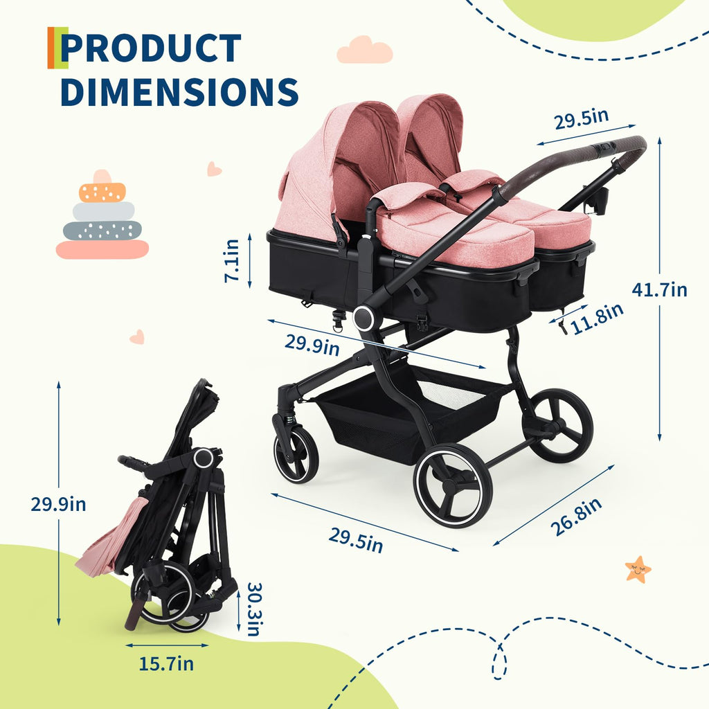 Foldable Double Baby Stroller with Adjustable Canopy Pink