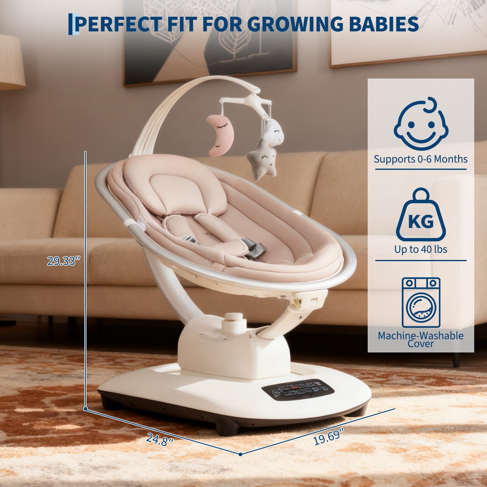 Electric Baby Swing with 5 Soothing Motions and Remote Control Khaki