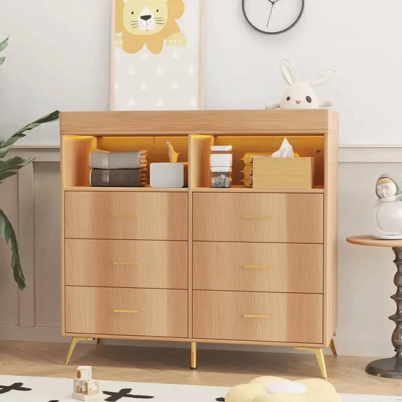 Modern Baby Changing Table Dresser with 6 Drawers and LED Lights GainNo