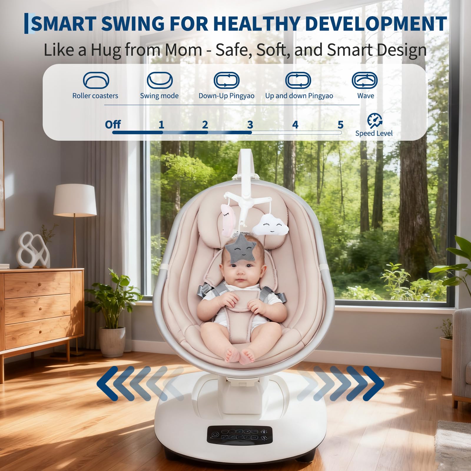 Electric Baby Swing with 5 Soothing Motions and Remote Control Khaki